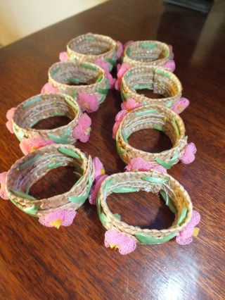 Set 8 Vintage Straw Woven Tiki Napkin Rings Mid Century Pink Flowers Euc photo