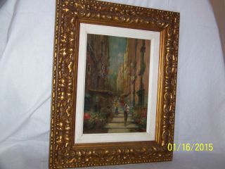 Vintage Oil On Wood Panel Street Scene Gallery Painting Artist Signed photo