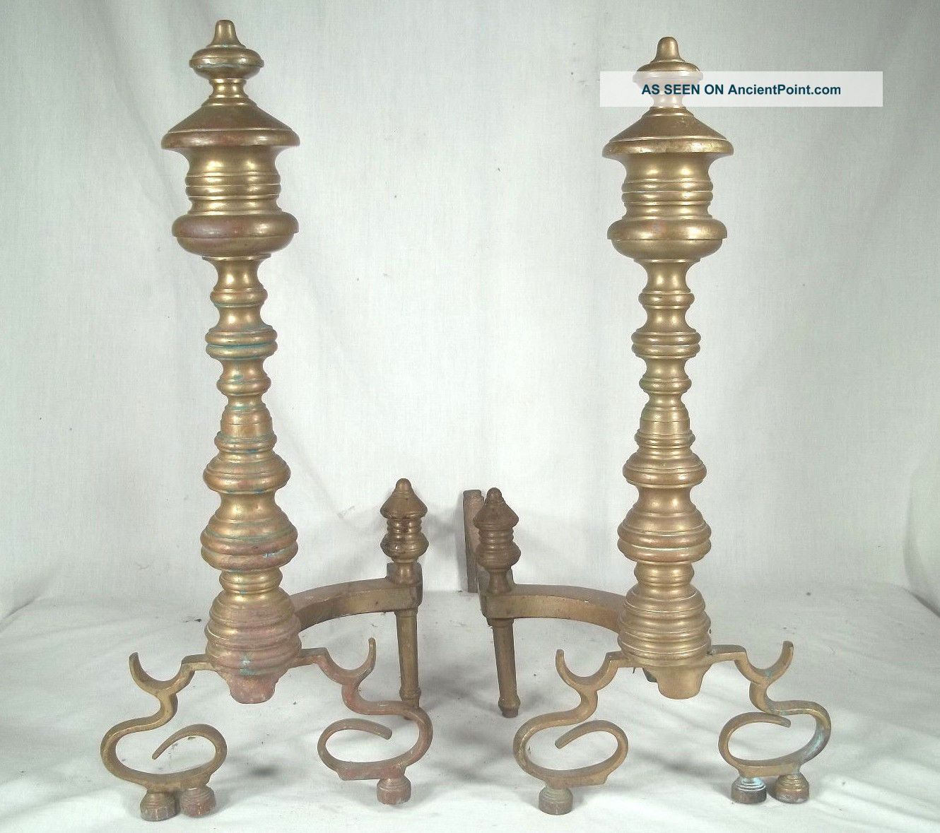 Pair Antique 19th Century Well Turned Brass Andirons Hearth Ware photo