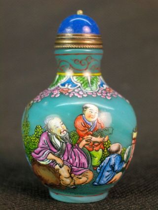Fine Chinese Elder Boy Hand Painted Peking Enamel Glass Snuff Bottle photo
