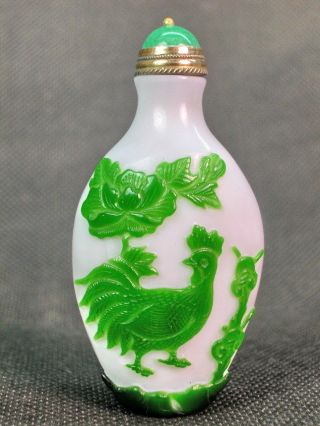 Chinese Cock Chick Carved Peking Overlay Glass Snuff Bottle photo