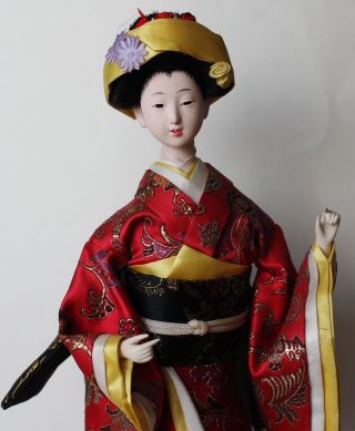Auth Vtg Japanese Geisha Gofun Doll On Stand Glass Eyes Hand Painted Wow photo