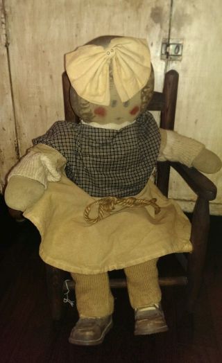 Primitive Rag Doll Home Spun Painted Face Artist Signed Large 32 