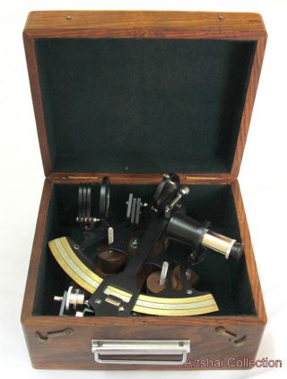Navy Ship 7 Inch Brass Micrometer Nautical Sextant With Wooden Box photo