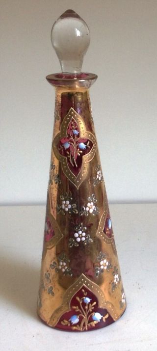 Vintage Cranberry Glass & Hand Painted Signed Perfume Bottle photo
