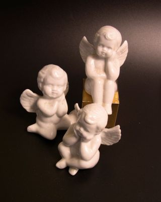 Set Of 3 Vtg Antique White Porcelain Angel Cherub Cupids Statue Figure Figurine photo