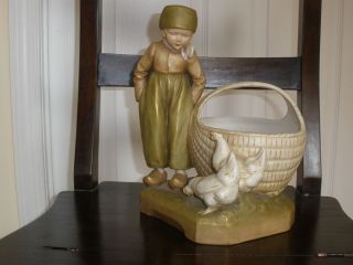Royal Dux Amphora Czechoslovakia Dutch Boy Hen Figurine Planter 10 1/4 