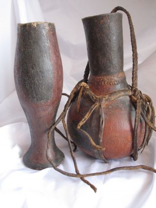 Vintage Hand Carved Wood Water Jug And Cup With Leather Straps photo