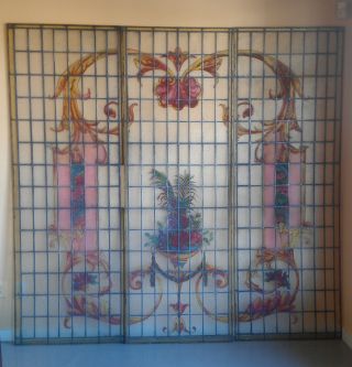 Antique Belle Epoque Triptych Leaded Hand Painted Stained Glass 3 Panels Windows photo