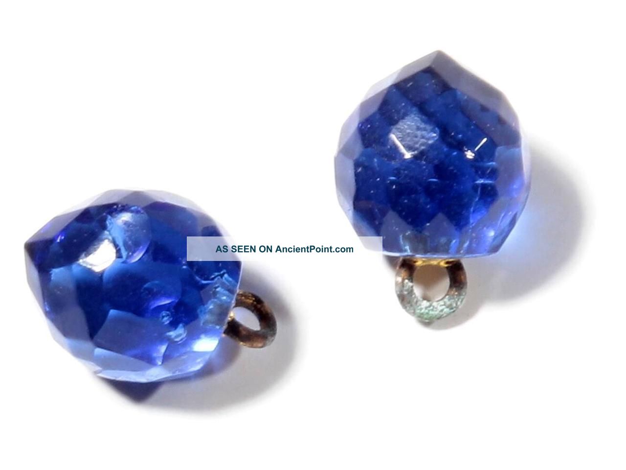 (2) 10mm Rare Victorian Vtg Czech Faceted Sapphire Glass Waistcoat Ball Buttons Buttons photo