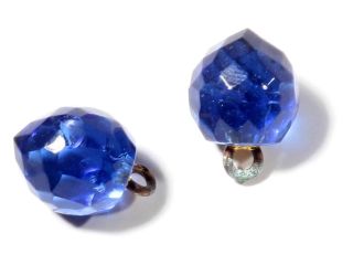 (2) 10mm Rare Victorian Vtg Czech Faceted Sapphire Glass Waistcoat Ball Buttons photo