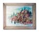 Modernist Unsigned Framed Oil On Board Of Fishing Village By Sea Mid - Cent Modern Mid-Century Modernism photo 11