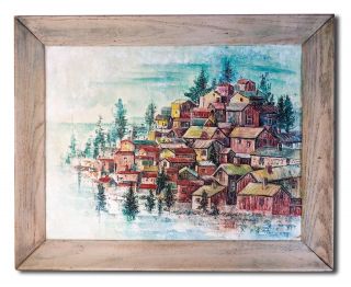 Modernist Unsigned Framed Oil On Board Of Fishing Village By Sea Mid - Cent Modern photo