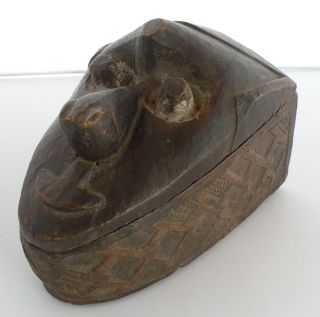 Unusual Old Kuba Tribe Carved Wood Box With Carved Face On Lid,  Congo,  Large photo
