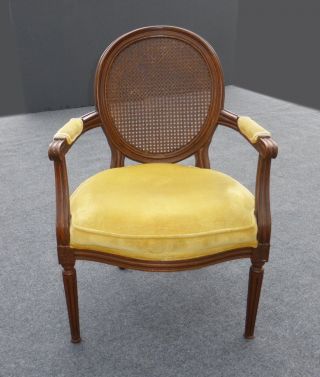 Vintage French Provincialcane Accent Arm Chair Mid Century Yellow Velvet photo