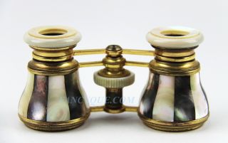 Antique French Opera Glasses Dark & Rainbow Stripes Mother Of Pearl 176 Paris photo