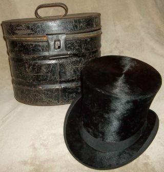 Antique 1800s Mens Beaver Top Hat In Orig Metal Box Tin Lothrops Farnham N.  H.  & photo