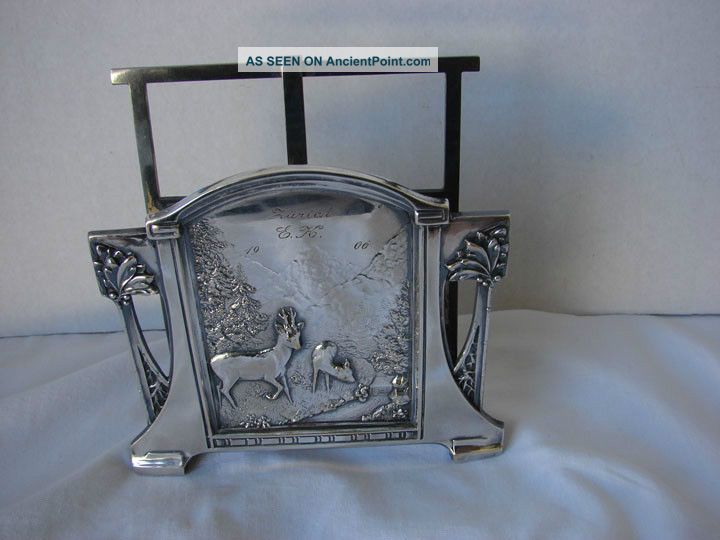 Antique Silver Metal Art Nouveau Letter Holder W/deer Scene,  Dated 