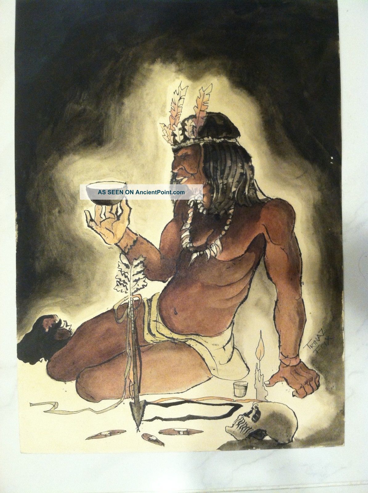 H/painted Watercolor American Indian Dreaming Man Trinaz Fox Signed Native American photo