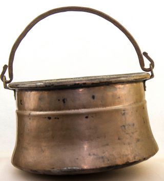 Antique Old Hammered Hanging Copper Pot Cauldron Kettle Wrought Iron Handle photo