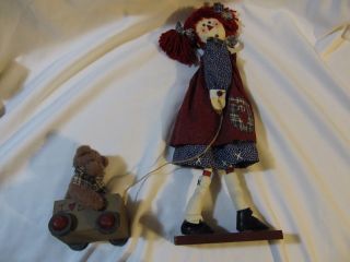 Primitive Prim Folk Art Raggedy Ann Doll Figure With Bear In Wagon Look photo