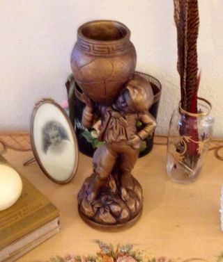 Vtg Hollywood Regency Gilded Gold Marwal Ind.  Boy With Vase Chalkware Statue Urn photo