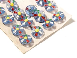 Card (20) 18mm Vtg Deco Czech Hand Paint Blue Crystal Daisy Flower Glass Buttons photo
