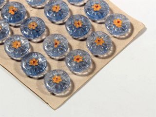 Card (24) 18mm Vintage Czech Deco Orange Hand Painted Blue Glass Flower Buttons photo