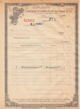 Antique 1915 Opium Etc Order Form Ohio D10 History Signed By F J Brands Document photo