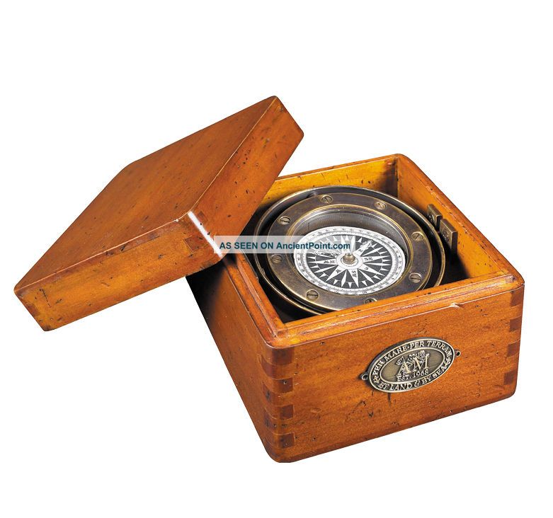 Bronze Lifeboat Compass In Antiqued Wooden Case 4.  7 