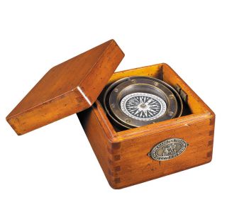 Bronze Lifeboat Compass In Antiqued Wooden Case 4.  7 