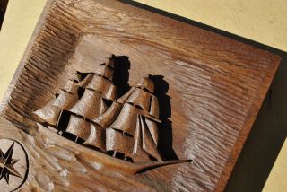 Vintage Pair Whaling Ship Naval Wooden Folk Art Bas Relief Carving American Navy photo