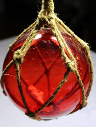 Vintage Japanese Glass Fishing Float Red Nautical Net Buoy Sea Ocean Ball Sphere photo