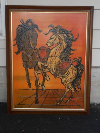 Xl Mid Century Modern Lee Burr Turner Print Orange Wild Horses Painting Framed photo