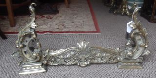 Antique Cast Brass Fireplace Andirons Fender,  Louis Xv Style photo