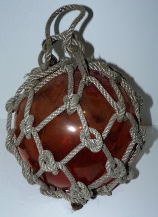 Antique Japanese Orange Blown Glass Ball Fishing Float Buoy Rope Net Nautical photo