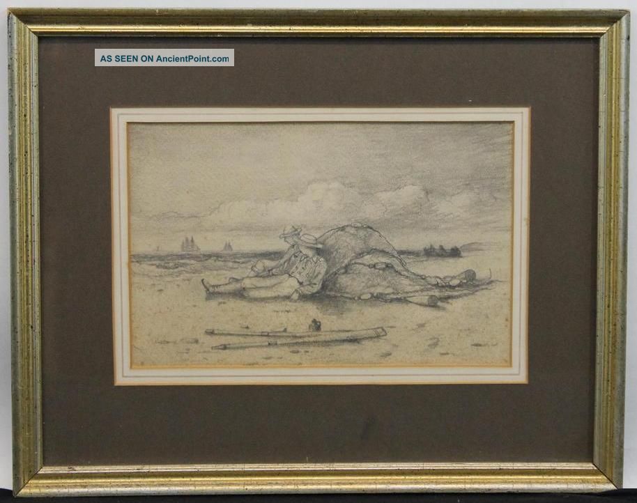 19thc Antique Maritime Beach Pencil Sketch Drawing For Painting,  Sailors,  Ships, Folk Art photo