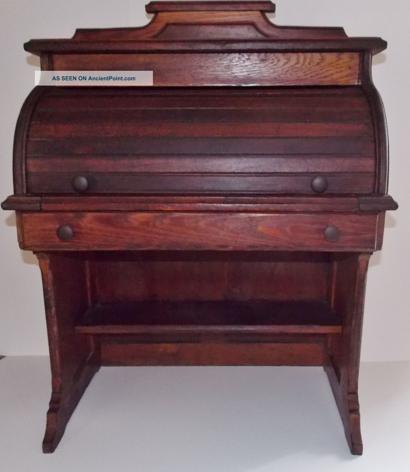 Antique Child ' S Oak Tambour Roll Top Desk W/one Drawer - Pull Out Writing Ext 1800-1899 photo