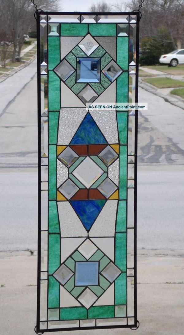 •calming Jade•extra Long Beveled Stained Glass Windows Panel.  •38 ¾”x12 ½” 1940-Now photo
