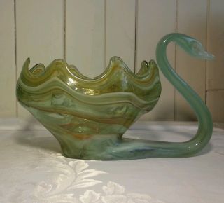 Mid Century Modern Vintage Handblown Green Multicolored Glass Swan Bowl photo
