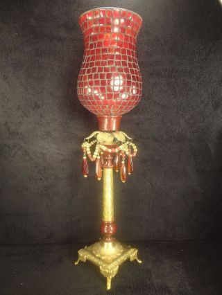 Antique 1920 ' S Art Deco Table Candle Lamp With Red Glass Shade,  Gorgeous,  Rare photo