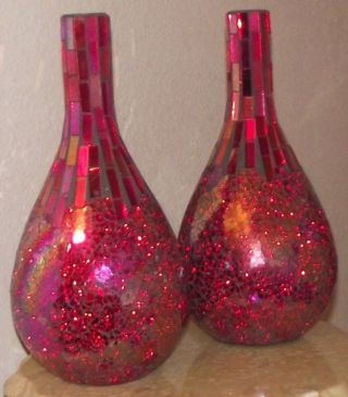 2 Lg Mid Century Disco Hollywood Style Red Stained Glass Mosaic Shimmery Vases photo