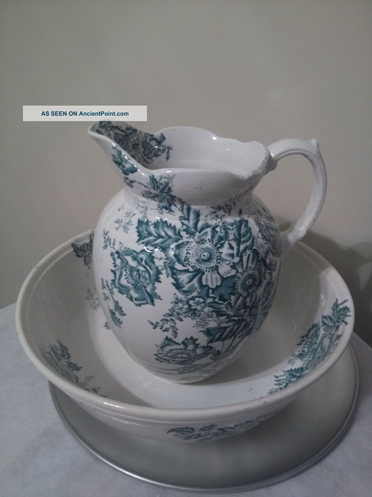 1850 - 1899 White And Green Art Nouveau Ceramic Bowl And Pitcher.  Erie England Pitchers photo
