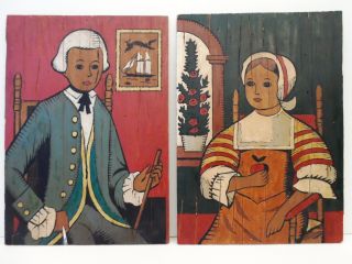 Vintage American Folk Art Paintings Wood Colonial Man Women Sitting. photo