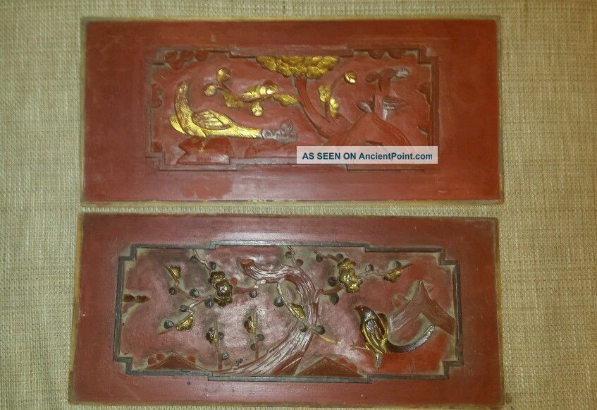 Antique Chinese Asian Hand Carved Panels With Birds Red & Gold Gilt Other photo