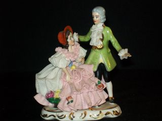 Antique German Porcelain Karl Klette Dresden Lace Courting Couple Figurine photo