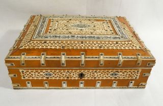 Antique 19th C Anglo Indian Sandalwood Ornate Box Carved Fretwork Table Box photo