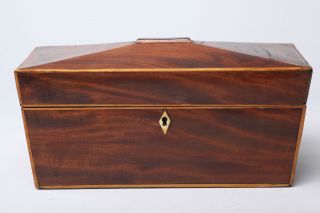 Fine Antique English Mahogany String Inlaid Sarcophagus Form Tea Caddy Box Case photo