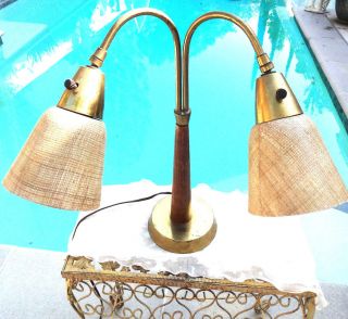 Mid Century Eames Era Prescolite Brass Fiberglass Desk Double Lamp - Works photo