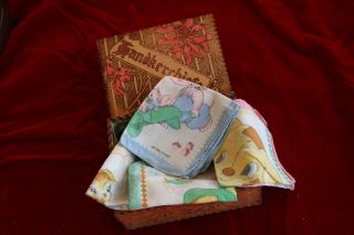 Vintage Pyrography Hinged Wood Handkerchief Box With 4 Baby Hankies photo